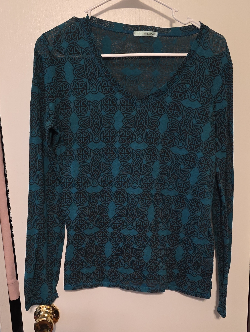 Maurices Teal and Black Patterned Long-Sleeve V-Neck Top